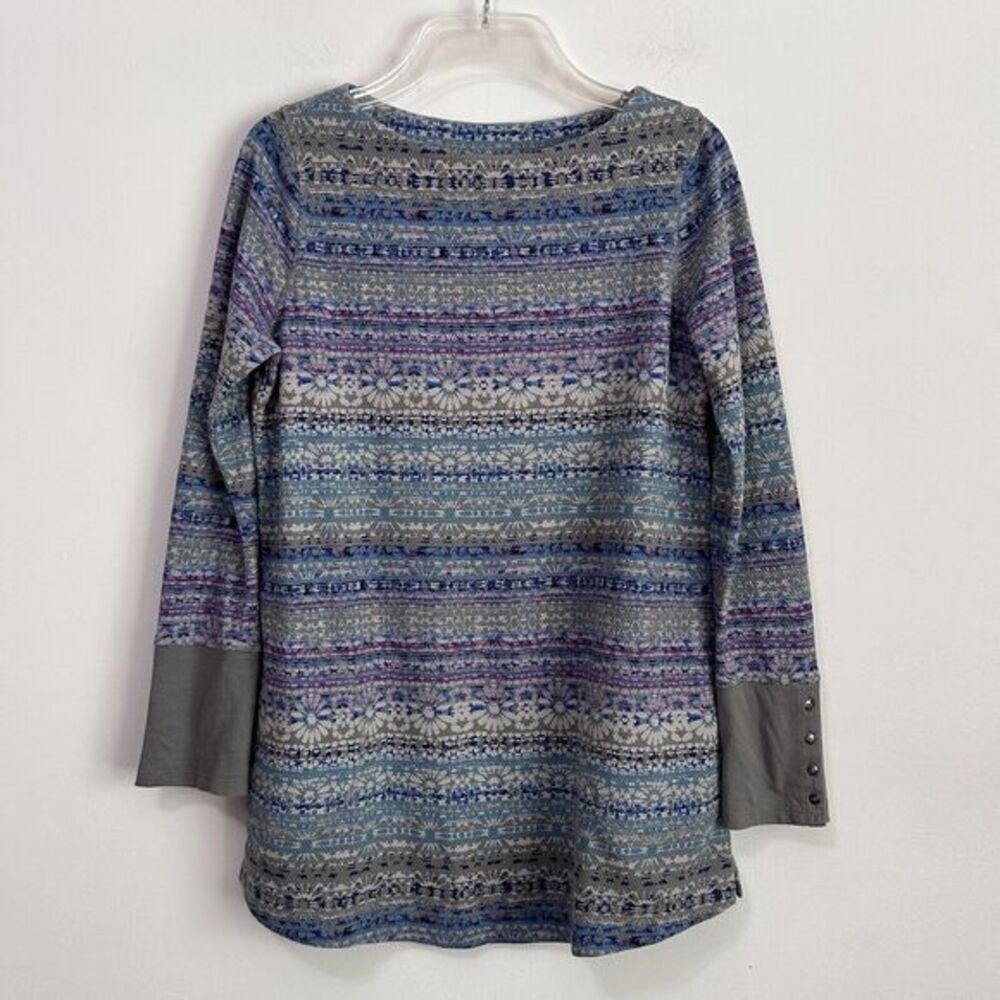 J Jill Fair Isle‎ Long Sleeve Tunic Top XS Pockets Thermal Waffle Knit Blue Gray